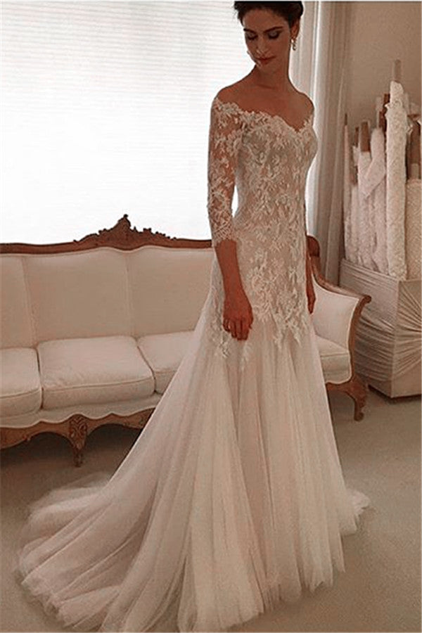 Elegant V-neck Lace Wedding Dresses 3/4 Sleeves Tulle Sheath Wedding Gown