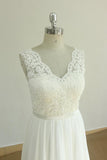 Elegant V-neck Sleeveless Lace Wedding Dress | White A-line Chiffon Bridal Gown
