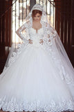 Elegant White Lace Ball Gown Wedding Dress Popular Sweep Train Long Sleeve Bridal Gown MH026