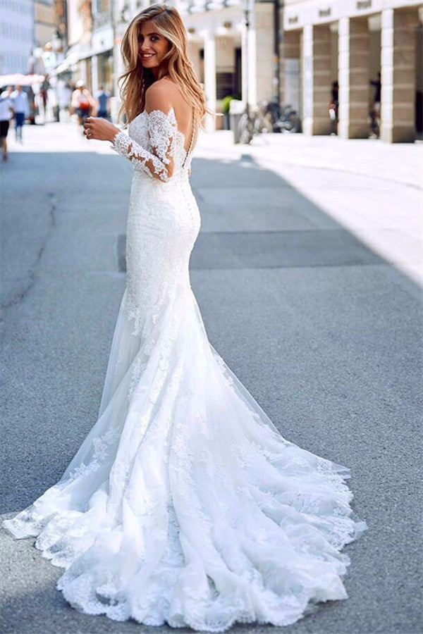 Elegant White Long Sleeves Lace Appliques Prom Dresses | Mermaid Sweep Train Bridal Gown
