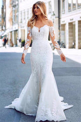 Elegant White Long Sleeves Lace Appliques Prom Dresses | Mermaid Sweep Train Bridal Gown