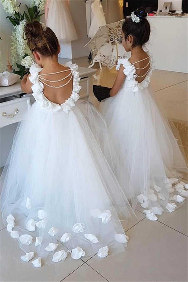 Elegant White Open Back Flower Girl Dresses | Sleeveless Flowers Tulle Pageant Dress