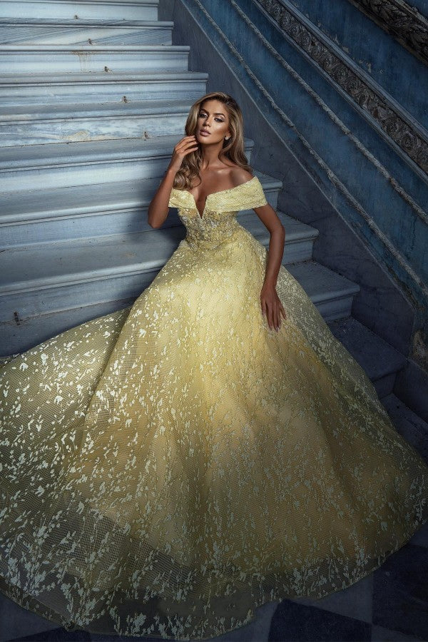 Elegant Yellow Off-the-shoulder Sleeveless A-Line Floor-Length Tulle Prom Dresses