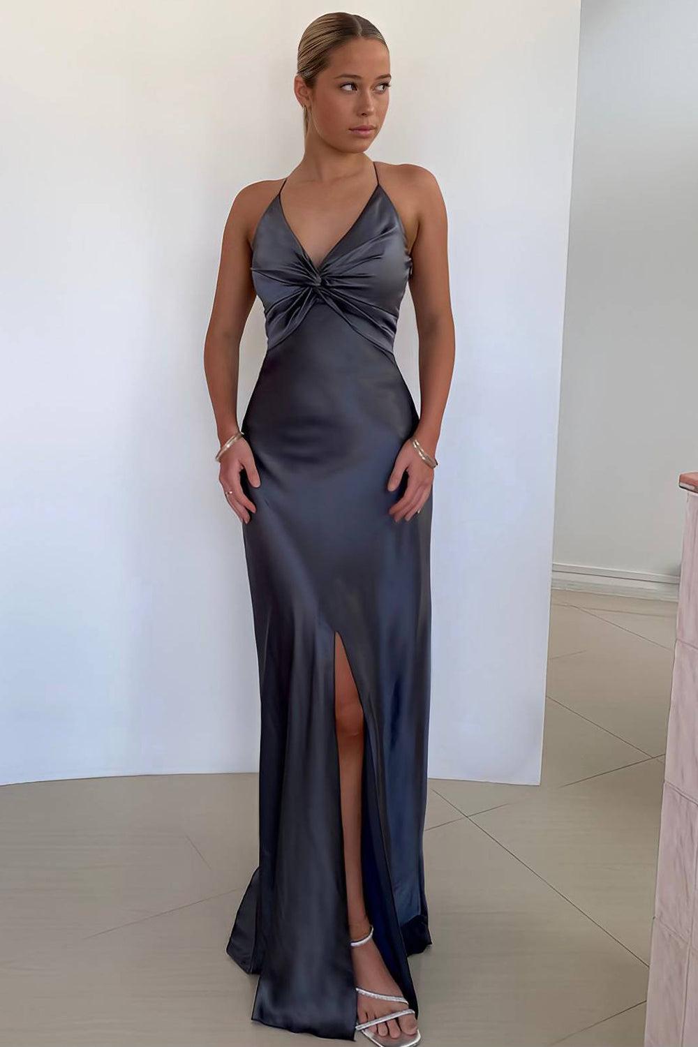 Suzhoufashion Elegant Yellow V-Neck Back Satin Gown With Front Twist Formal Evening Gown