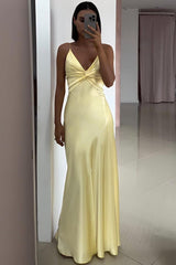 Suzhoufashion Elegant Yellow V-Neck Back Satin Gown With Front Twist Formal Evening Gown