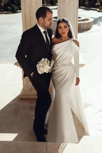 Elegant one shoulder long sleeves mermaid satin Beach Bridal Dress with ruffles