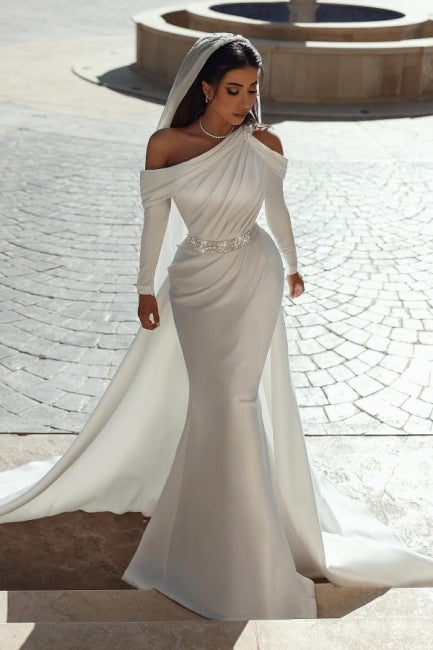 Elegant one shoulder long sleeves mermaid satin Beach Bridal Dress with ruffles
