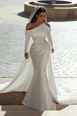 Elegant one shoulder long sleeves mermaid satin Beach Bridal Dress with ruffles