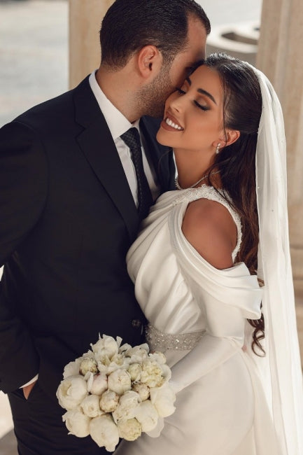Elegant one shoulder long sleeves mermaid satin Beach Bridal Dress with ruffles