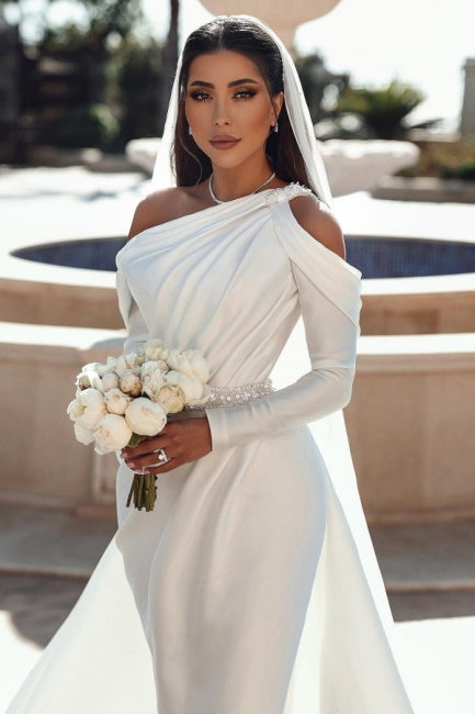 Elegant one shoulder long sleeves mermaid satin Beach Bridal Dress with ruffles
