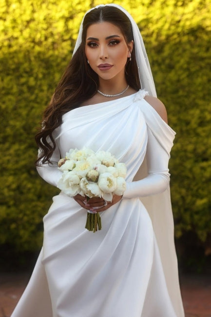 Elegant one shoulder long sleeves mermaid satin Beach Bridal Dress with ruffles