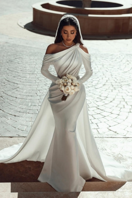 Elegant one shoulder long sleeves mermaid satin Beach Bridal Dress with ruffles
