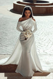 Elegant one shoulder long sleeves mermaid satin Bridal Dress with ruffles
