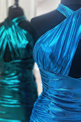 Emerald Green Homecoming Dresses Cross Halter Satin Tight Short Cocktail Dresses