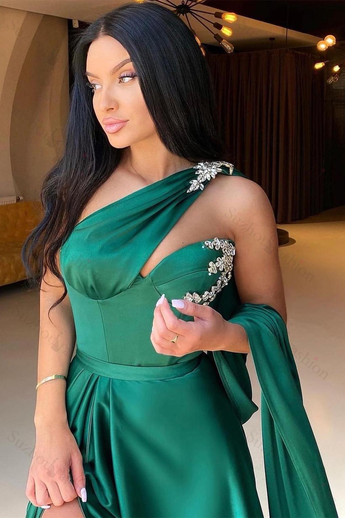 Emerald Green One Shoulder Evening Dress Long With Split Beads