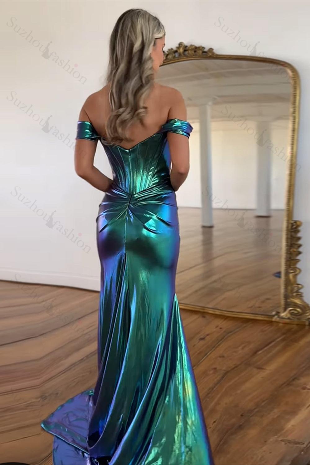 Emerald Green Prom Dress Ruched Corset Metallic Mermaid Formal Dress With Slit