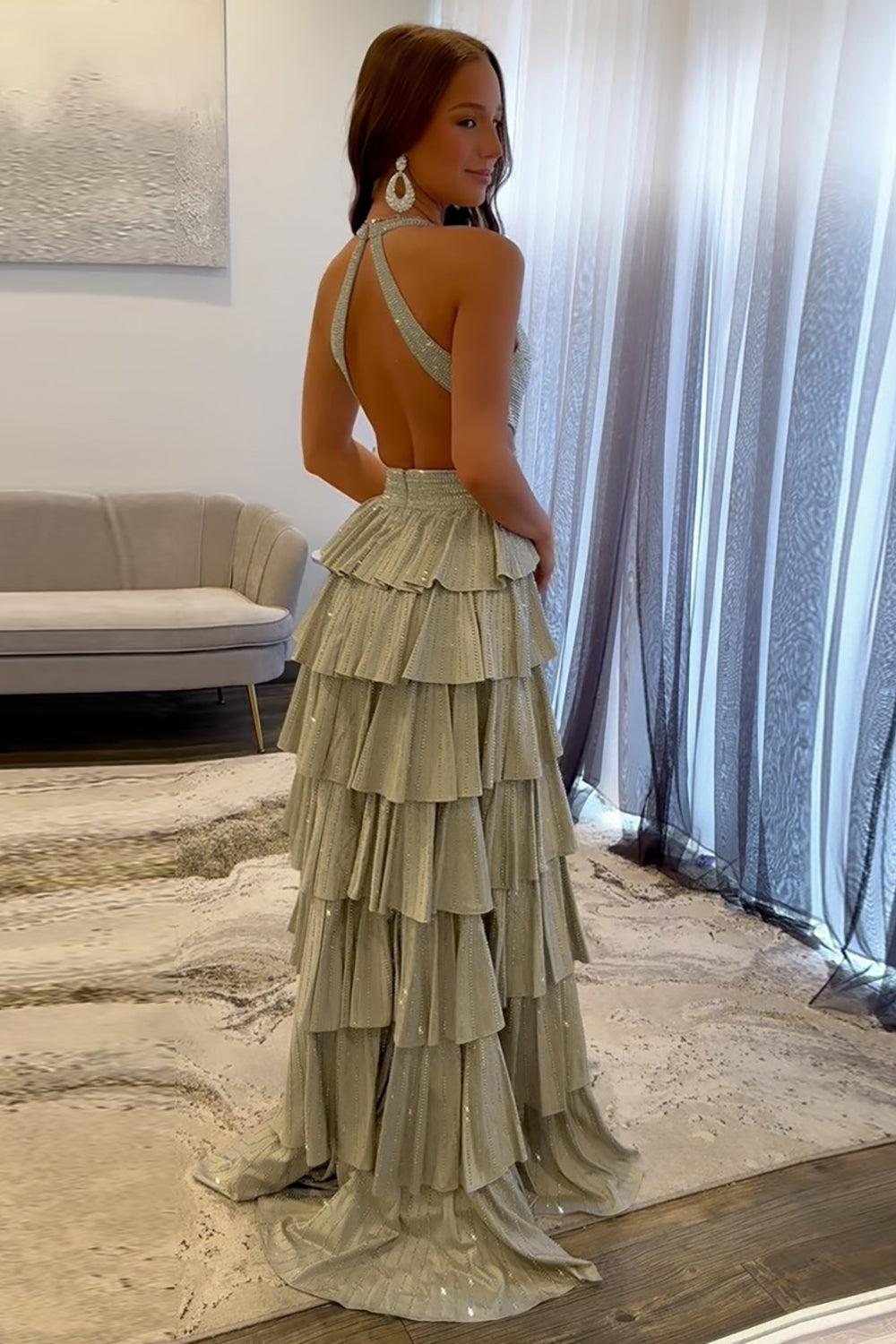 Suzhoufashion Emerald Green Prom Dress Tiered A-Line Halter Long Formal Dress With Slit Suzhoufashion Emerald Green Prom Dress Tiered A-Line Halter Long Formal Dress With Slit