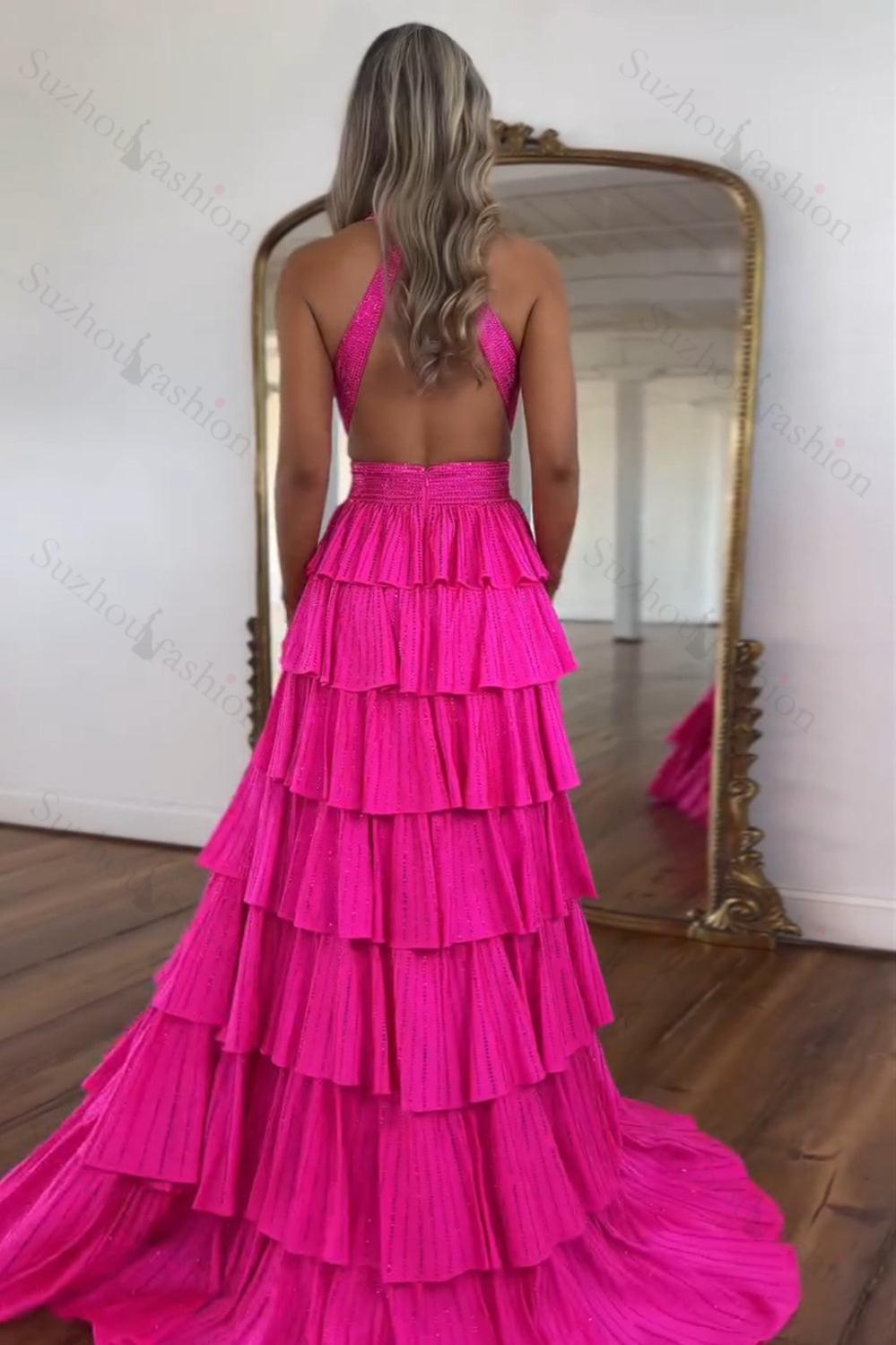 Suzhoufashion Emerald Green Prom Dress Tiered A-Line Halter Long Formal Dress With Slit suzhoufashion Suzhoufashion Emerald Green Prom Dress Tiered A-Line Halter Long Formal Dress With Slit suzhoufashion