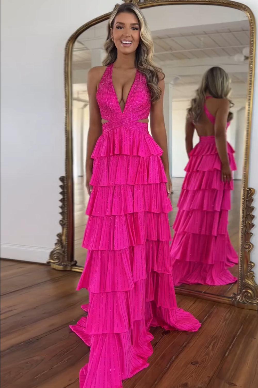 Suzhoufashion Emerald Green Prom Dress Tiered A-Line Halter Long Formal Dress With Slit suzhoufashion Suzhoufashion Emerald Green Prom Dress Tiered A-Line Halter Long Formal Dress With Slit suzhoufashion
