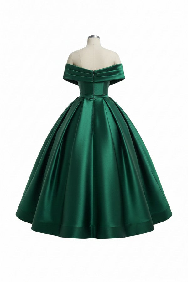 Emerald Green Satin A Line Prom Dress with Off Shoulder Wrap Neckline