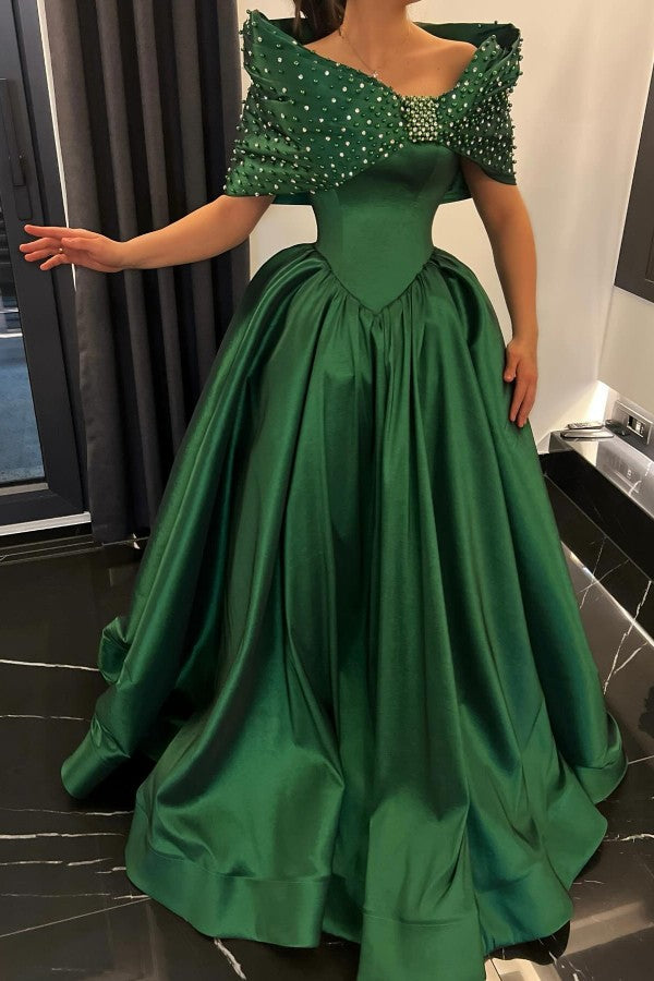 Emerald Green Satin Ball Gown Prom Dress with Beaded Off Shoulder Wrap