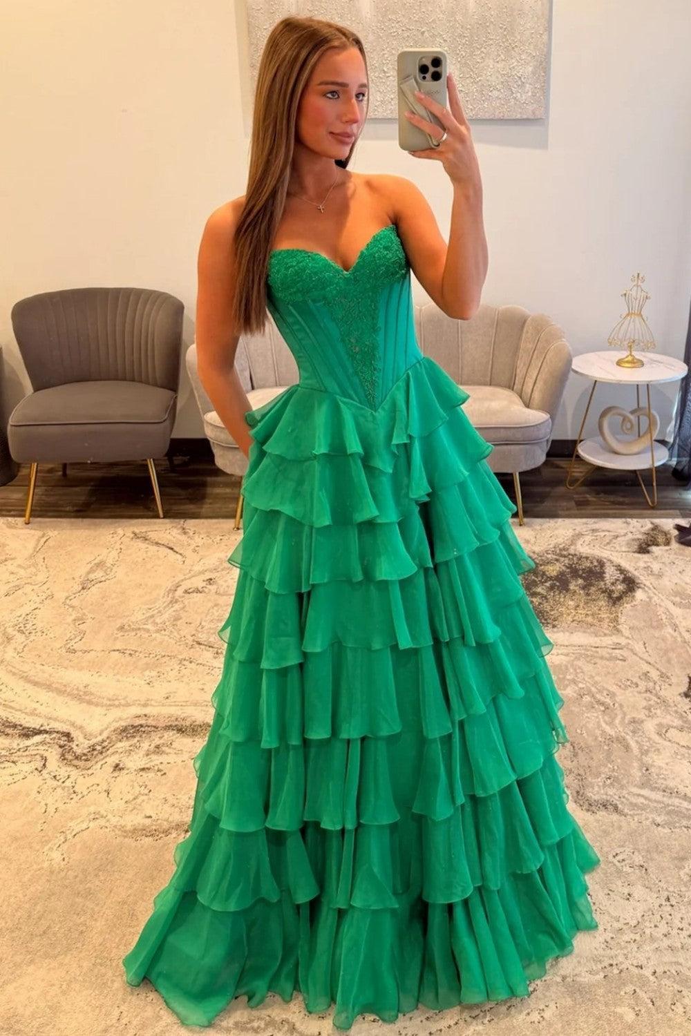 Suzhoufashion Emerald Green Sweetheart Corset Prom Dress With Tiered Ruffles And High Slit Formal Evening Gown