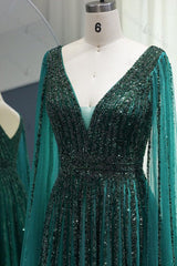 Emerald V Neck A Line Evening Formal Dress Cap Sleeves Tulle With Beaded Appliques