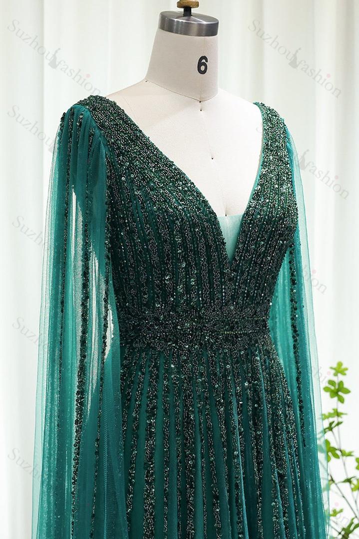 Emerald V Neck A Line Evening Formal Dress Cap Sleeves Tulle With Beaded Appliques