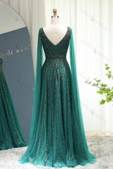 Emerald V Neck A Line Evening Formal Dress Cap Sleeves Tulle With Beaded Appliques