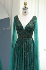 Emerald V Neck A Line Evening Formal Dress Cap Sleeves Tulle With Beaded Appliques