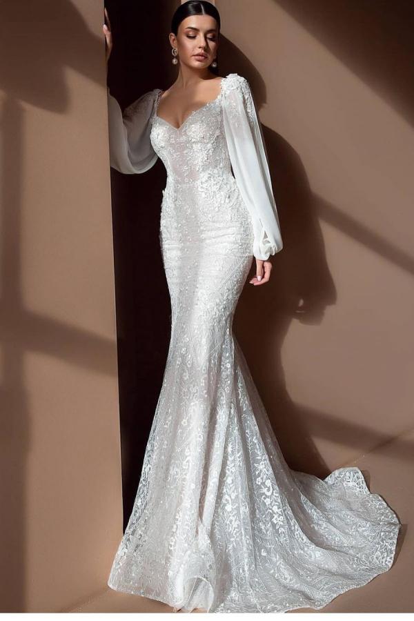 Empire Long Sleeves Sweetheart Tulle Lace Mermaid Wedding Dresses