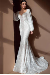Empire Long Sleeves Sweetheart Tulle Lace Mermaid Wedding Dresses