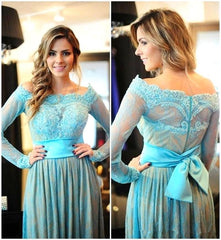 Empire Off the Shoulder Long Sleeve Prom Dress A-Line Zipper Lace Party Dresses AE0112