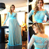 Empire Off the Shoulder Long Sleeve Prom Dress A-Line Zipper Lace Party Dresses AE0112