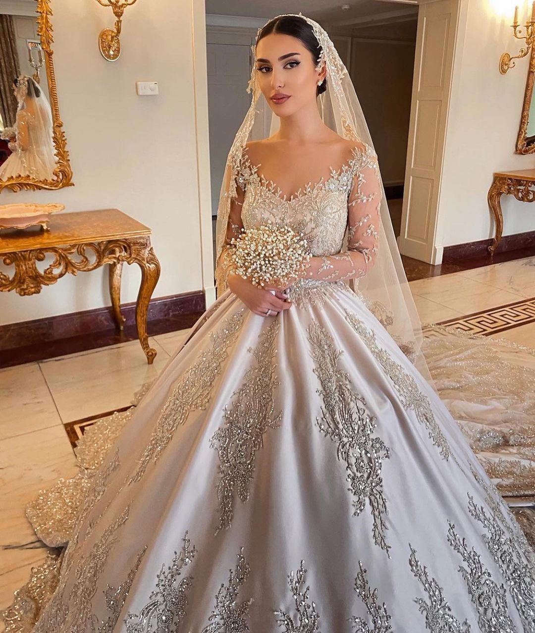 Empire V Neck Satin Lace Crystal Ruffles Ball Gown Wedding Dresses | Suzhoufashion Empire V Neck Satin Lace Crystal Ruffles Ball Gown Wedding Dresses | Suzhoufashion