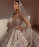 Empire V Neck Satin Lace Crystal Ruffles Ball Gown Wedding Dresses