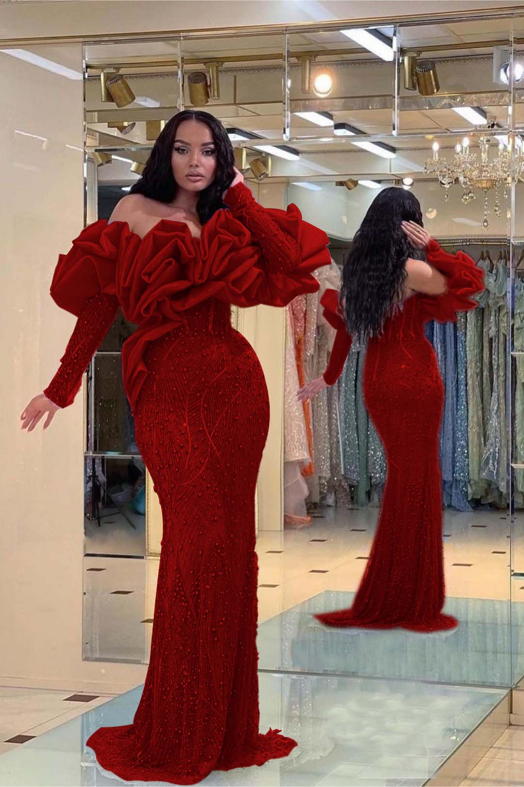 Evening Formal Dress Purple Prom Dress Bubble Sleeves Long Strapless Sequined Beading