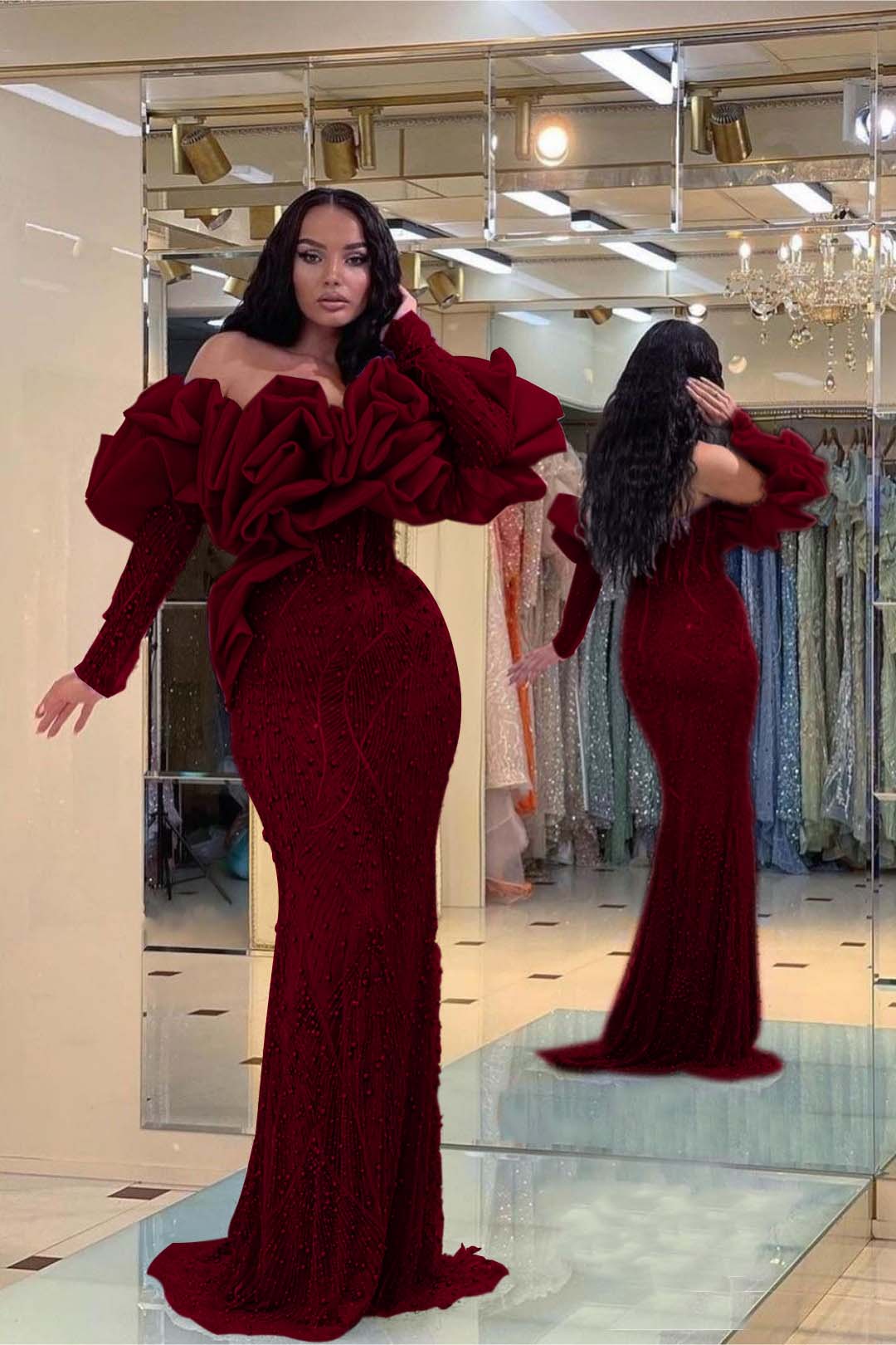 Evening Formal Dress Purple Prom Dress Bubble Sleeves Long Strapless Sequined Beading