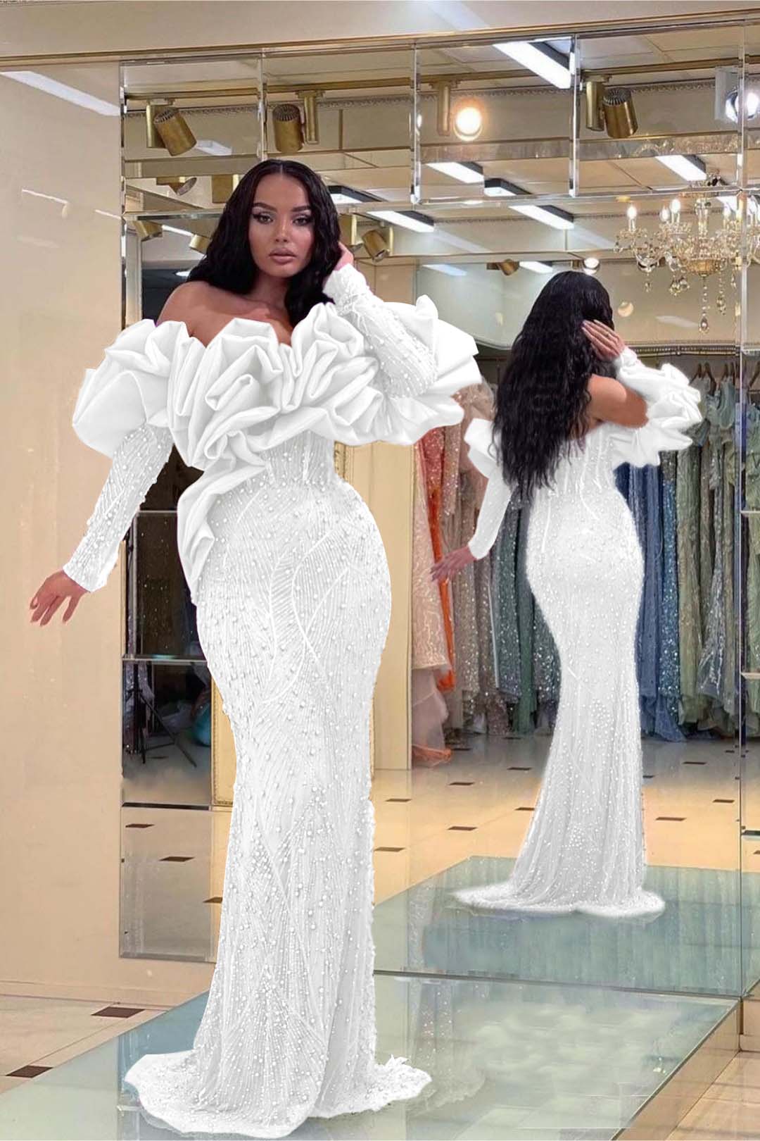 Evening Formal Dress Purple Prom Dress Bubble Sleeves Long Strapless Sequined Beading