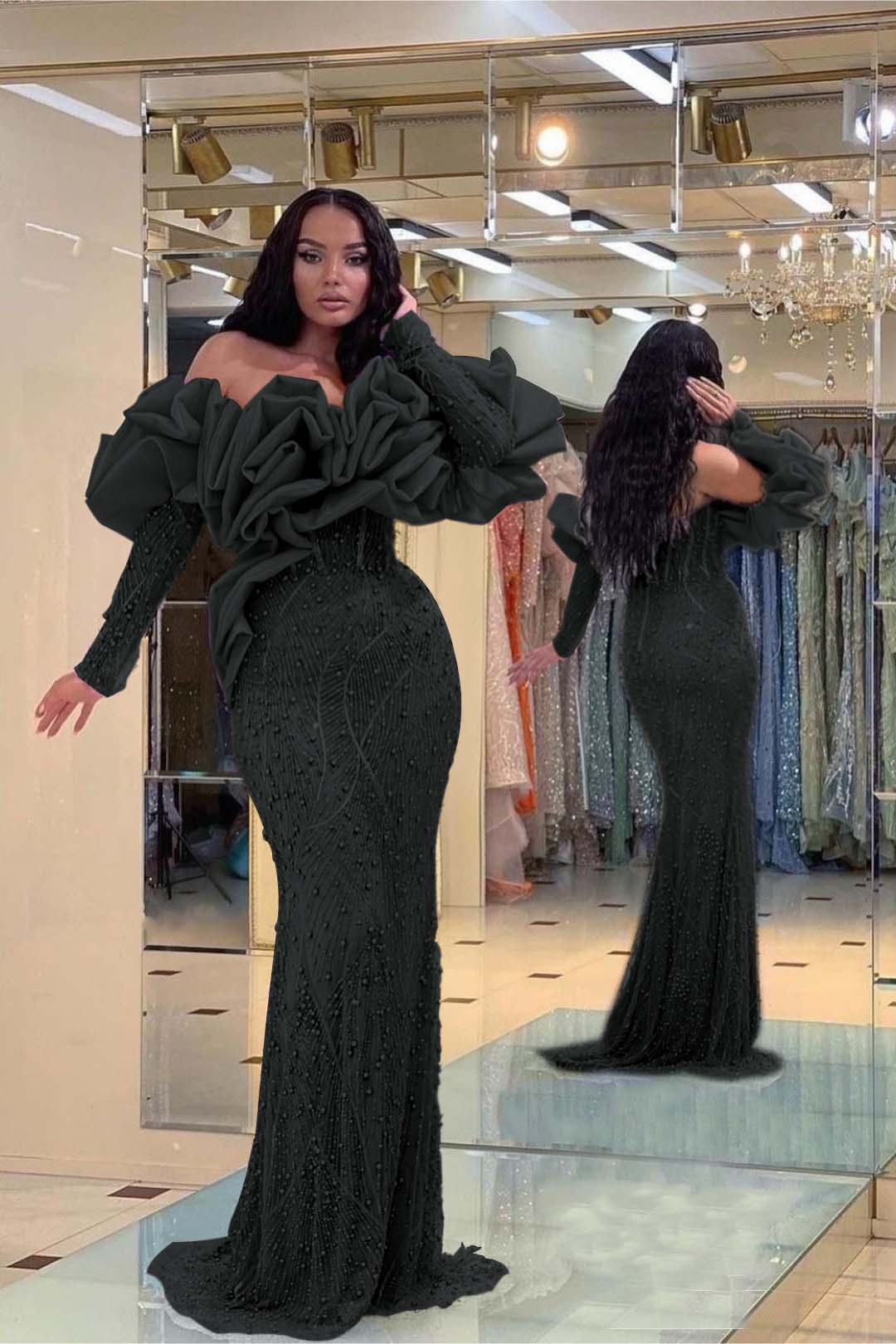 Evening Formal Dress Purple Prom Dress Bubble Sleeves Long Strapless Sequined Beading