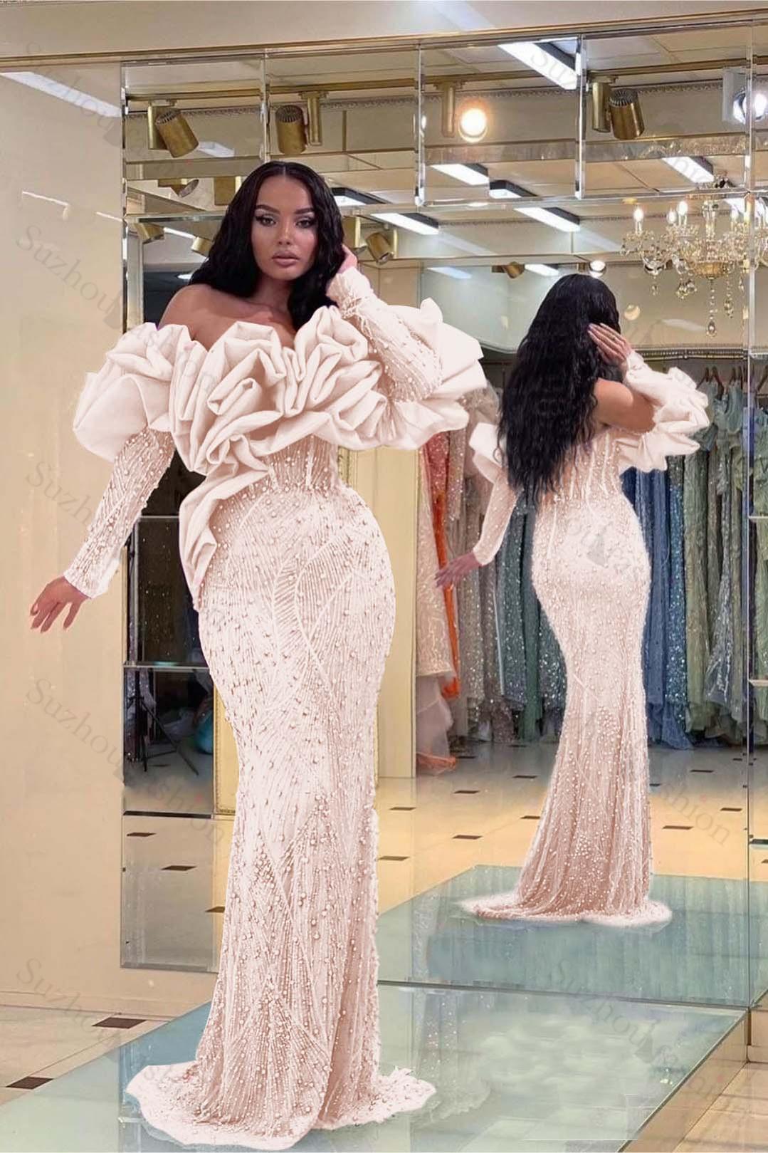 Evening Formal Dress Purple Prom Dress Bubble Sleeves Long Strapless Sequined Beading