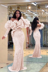 Evening Formal Dress Purple Prom Dress Bubble Sleeves Long Strapless Sequined Beading