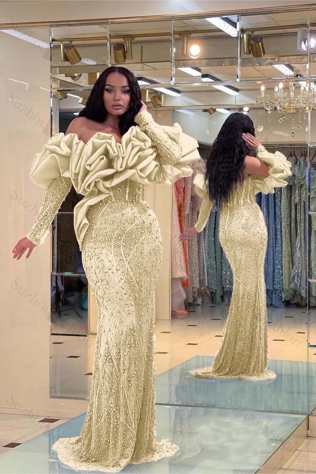 Evening Formal Dress Purple Prom Dress Bubble Sleeves Long Strapless Sequined Beading