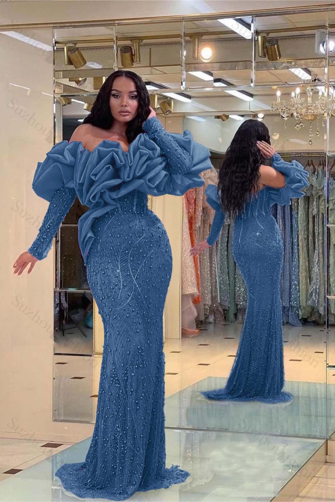 Evening Formal Dress Purple Prom Dress Bubble Sleeves Long Strapless Sequined Beading