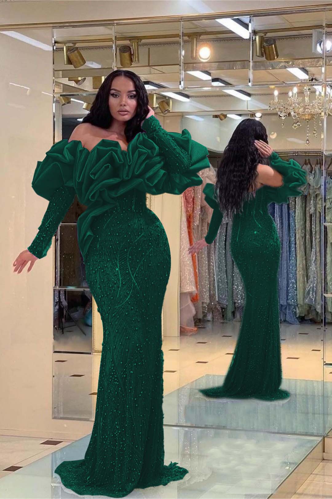 Evening Formal Dress Purple Prom Dress Bubble Sleeves Long Strapless Sequined Beading