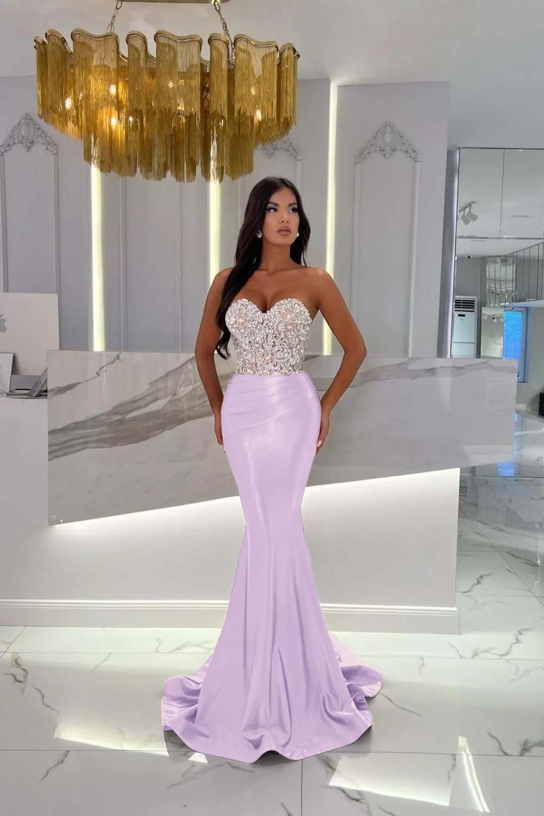 Evening Formal Dress Satin Gold Prom Dress Sweetheart Sleeveless Strapless With Rhinstone Mermaid