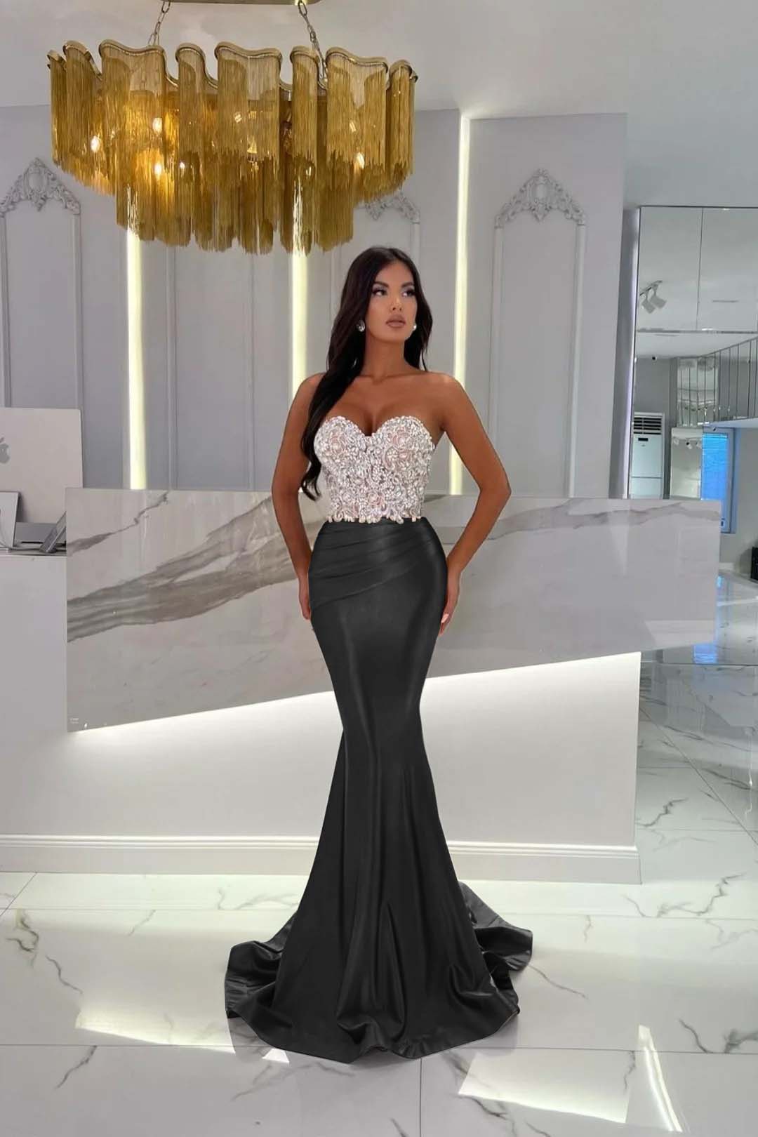 Evening Formal Dress Satin Gold Prom Dress Sweetheart Sleeveless Strapless With Rhinstone Mermaid