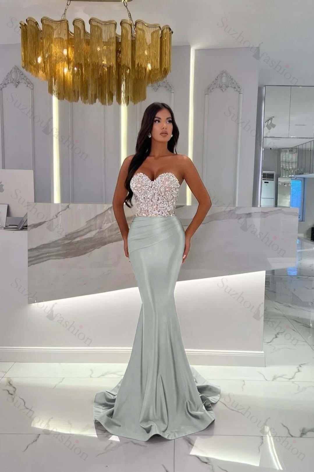 Evening Formal Dress Satin Gold Prom Dress Sweetheart Sleeveless Strapless With Rhinstone Mermaid