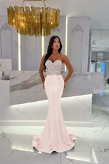 Evening Formal Dress Satin Gold Prom Dress Sweetheart Sleeveless Strapless With Rhinstone Mermaid