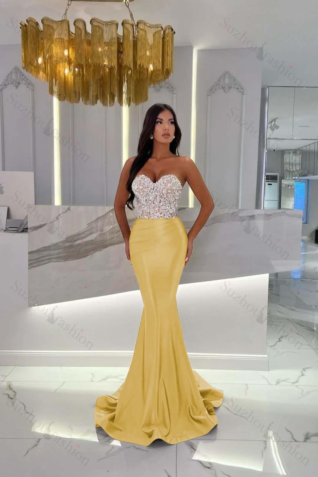 Evening Formal Dress Satin Gold Prom Dress Sweetheart Sleeveless Strapless With Rhinstone Mermaid